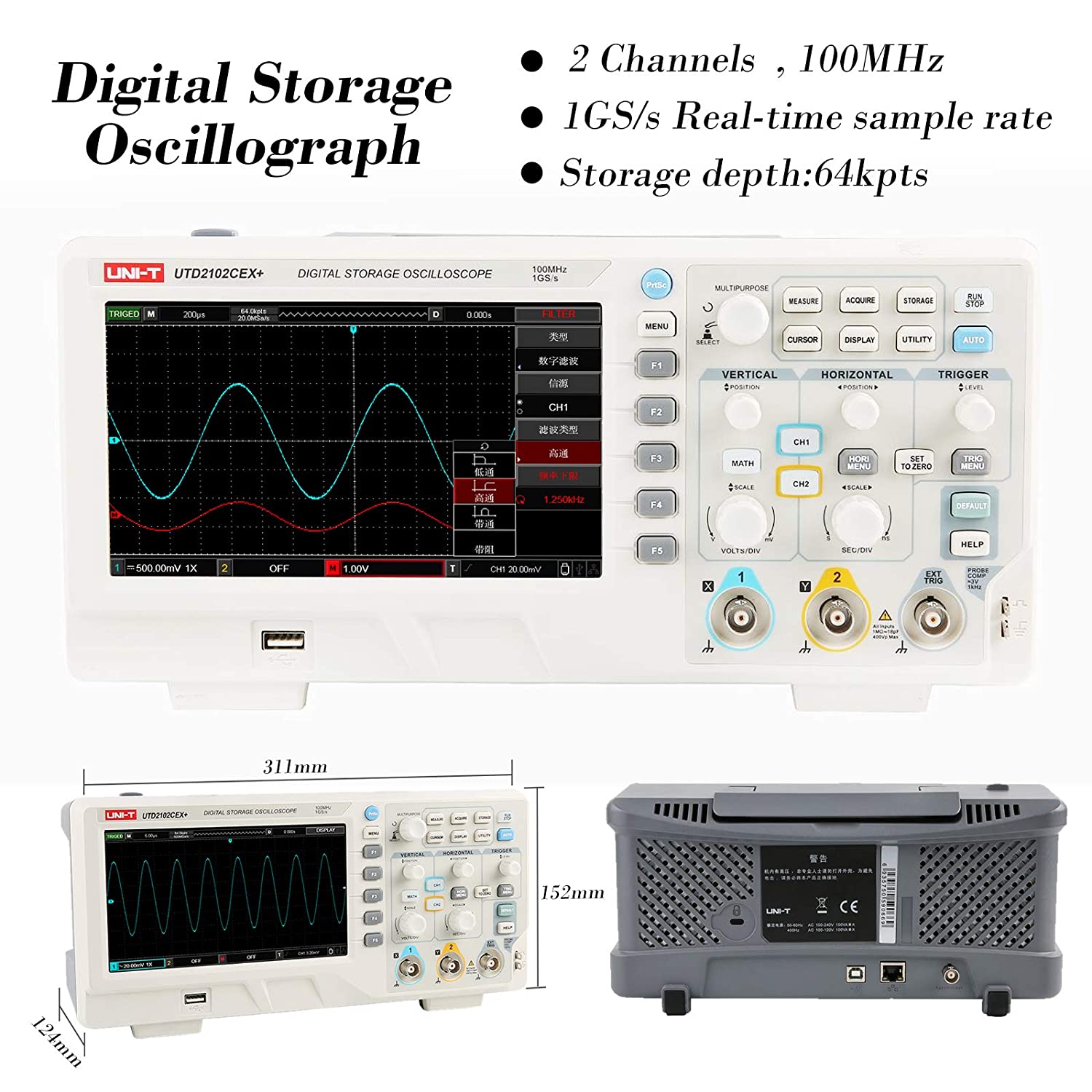 UTD2102CEX+ Precyzyjny oscylos – Digital Storage Oscilloscope 100Mhz recenzja i cena